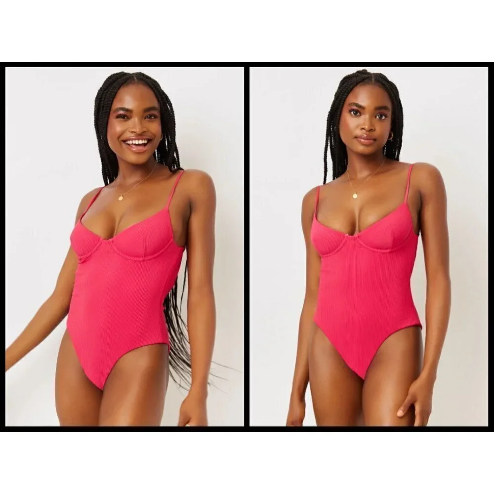 💕FRANKIE'S BIKINIS💕 Marie Ribbed Underwire Swimsuit Rosewood Small S NWT